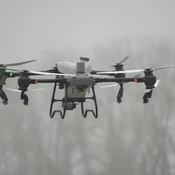 Eine DJI Agras T50 Landwirtschaftsdrohne befindet sich im Flug und sprüht Pflanzenschutzmittel auf ein Feld.